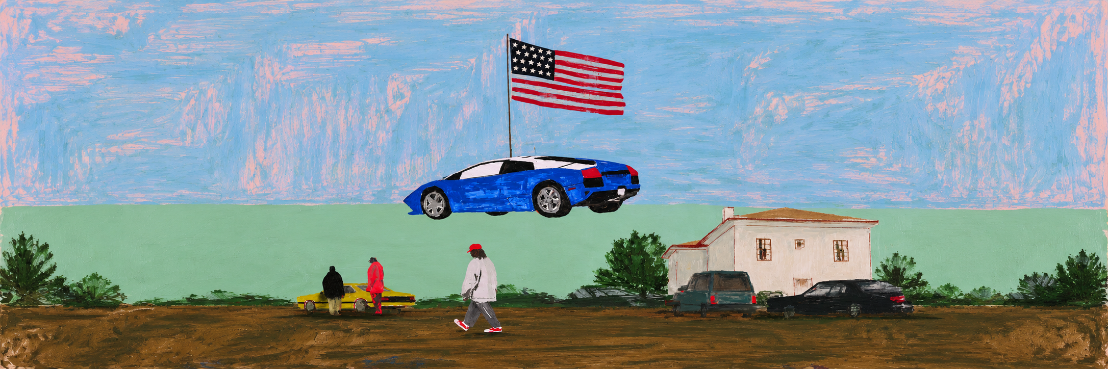 Painting of a blue Lamborghini floating above a street, with an American flag, pastel sky and mint-green landscape